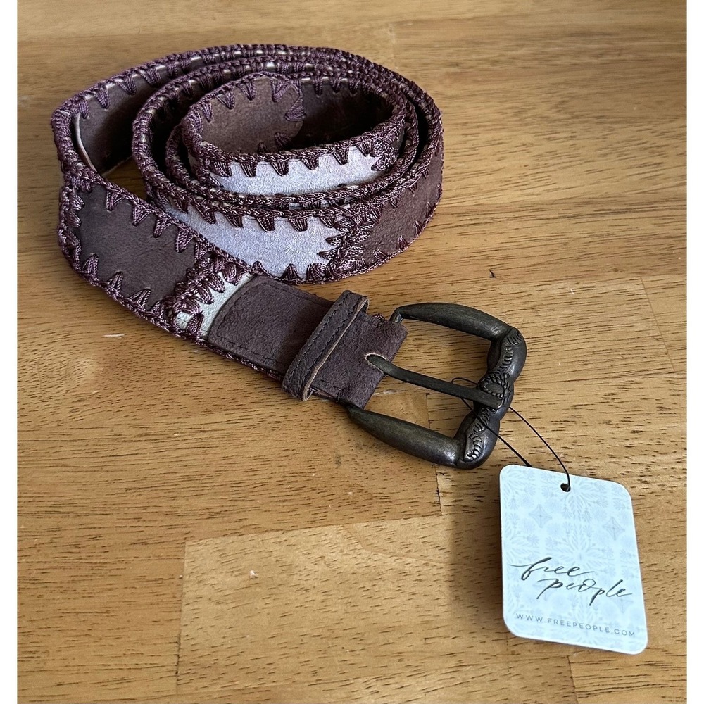 Free People Patchwork Suede Crochet Whipstitch Belt Brown Purple Size M/L‎
